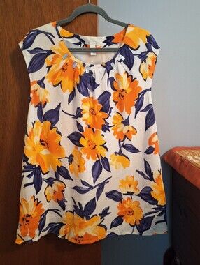 Sherry Taylor Floral Sleeveless Top in Orange/White/Blue Lined- Side Zip Size 2X